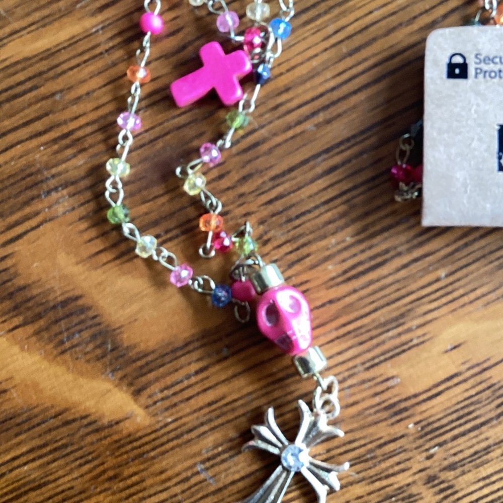 Multicolor Beaded Necklace with Cross Charm - Picture 2 of 5